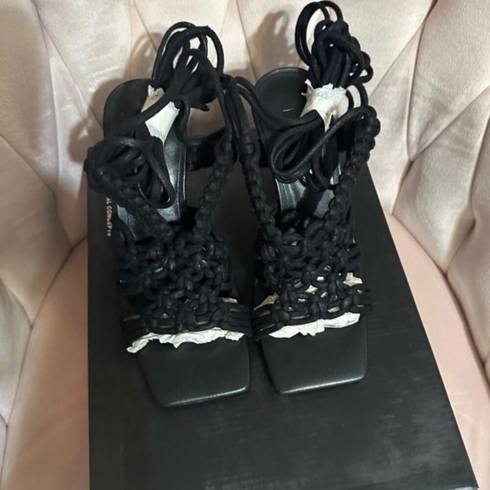 INC Black Strappy Woven Brayd Square Toe Stiletto Lace-Up Dress Heeled Sandal